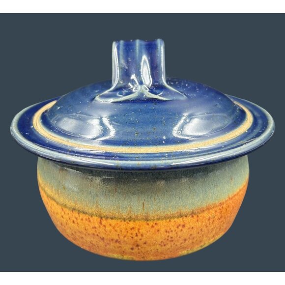 Handcrafted Lidded Stoneware Blue Orange Pottery Casserole Dish By Crystal - Picture 2 of 11